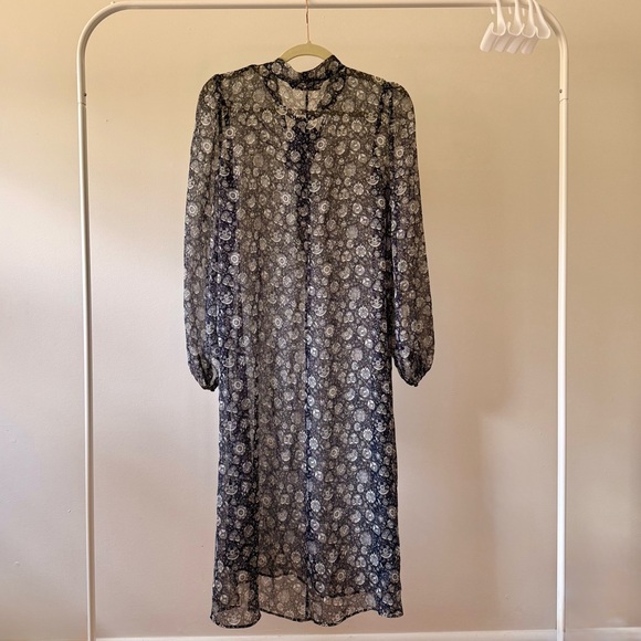 ZARA Basic Navy & White Floral Chiffon Midi Dress - Picture 2 of 9
